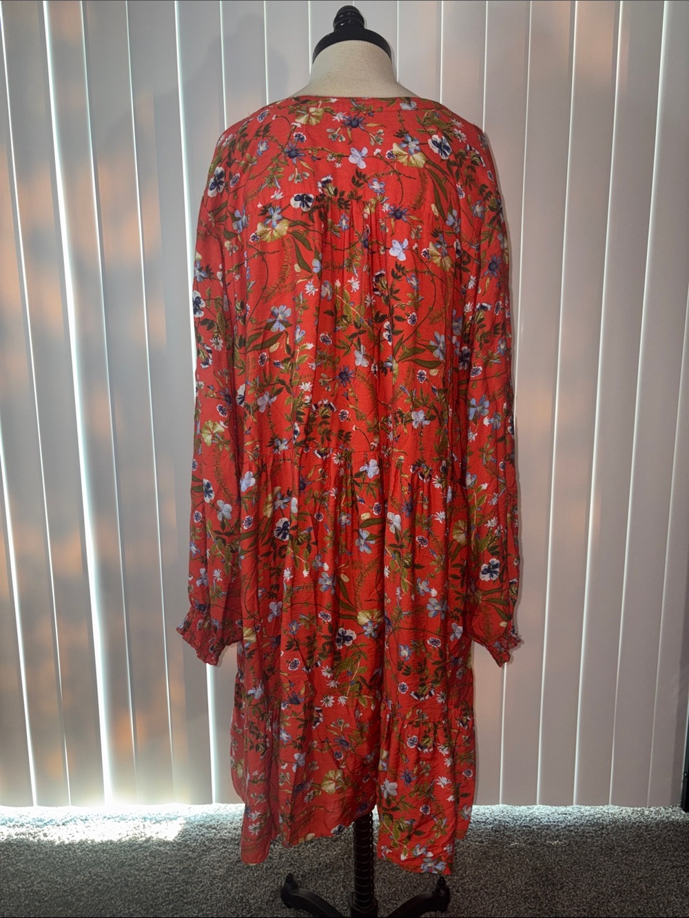 Terra & Sky Red Floral Babydoll Dress Plus Size 3X Tiered Boho Long Sleeve Mini - Picture 2 of 6